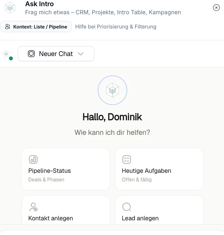 Ask Intro Panel mit Quick Actions im CRM