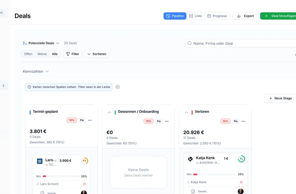 CRM Deals Pipeline mit Karten