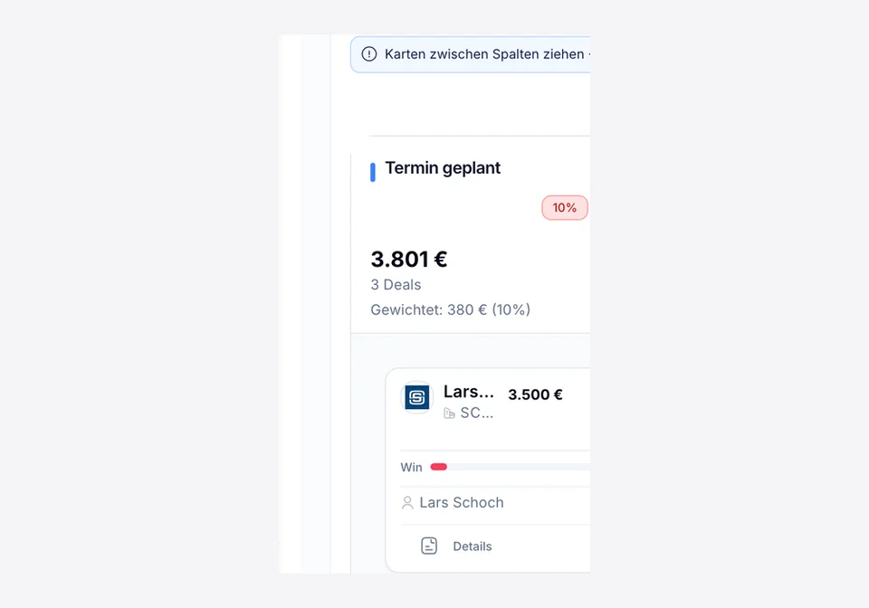 introscale CRM Pipeline-Ansicht mit Deals